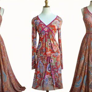 Etro Milano Women's 2 Piece Wrap Skirt Set 44 Gorgeous Orange Pink Very Good Con